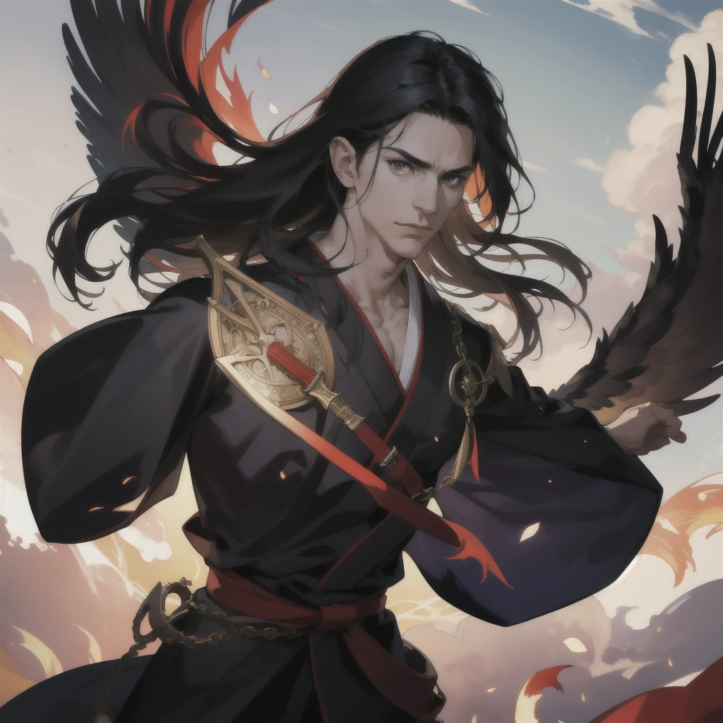 (absurdres, highres, ultra detailed), 1 male, mature, manly, tall muscular, handsome, finely detailed eyes, intricate details, portrait, (bloody scars:0.7), looking down, solo, half shot, detailed background, (victorian theme:1.1),  determined, battle cleric, hovering in air, bright clouds, floating scraps, fighting stance, color chain mail, divine smite, bright realistic lighting, burning village,   hair blowing in wind, black hair, wings at back, wearing kimono,  not wearing anything at upper body, wearing oversized pants.