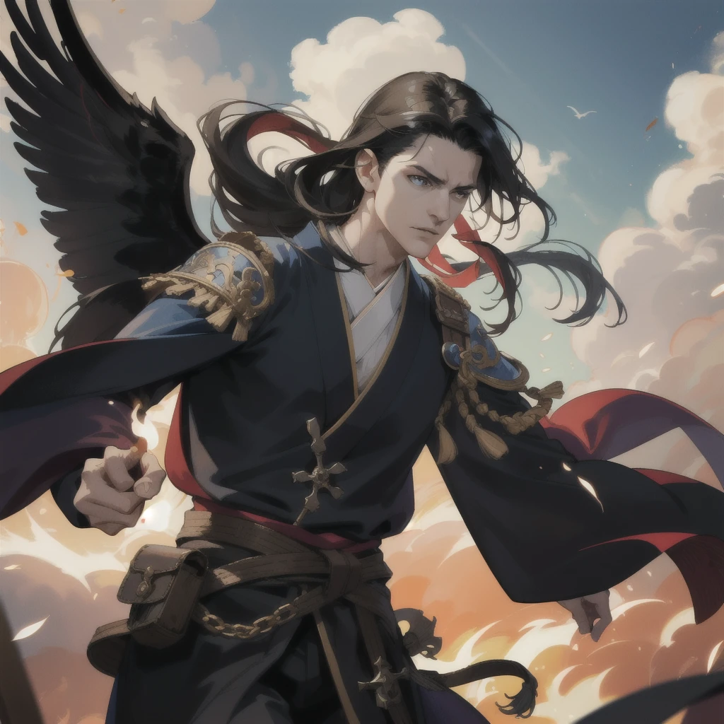 (absurdres, highres, ultra detailed), 1 male, mature, manly, tall muscular, handsome, finely detailed eyes, intricate details, portrait, (bloody scars:0.7), looking down, solo, half shot, detailed background, (victorian theme:1.1), determined, battle cleric, hovering in air, bright clouds, floating scraps, fighting stance, color chain mail, divine smite, bright realistic lighting, burning village, hair blowing in wind, black hair, wings at back, wearing kimono, not wearing anything at upper body, wearing oversized pants.