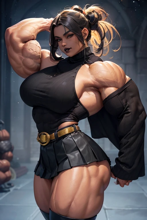 (((((Massive, beautiful, buff, light brown skinned muscular woman with black hair, black lipstick, ginormous bulky muscles and wearing a beautiful black long-sleeved turtleneck sweater with black pleated skirt))))), (close view), (massive muscles), hyper muscles, long straight hair, ((chained belt)), orange eyes, choker, ((black long-sleeved turtleneck sweater)), (beautiful pleated skirt), belt, black boots, (in the Star beautiful village), closed smile, night, ginormous muscles