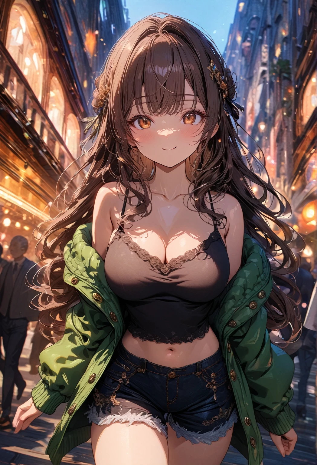 ((masterpiece:0), best quality, very aesthetic, newest, absurdres, detailed, high quality)
BREAK
highest quality, top quality, details, highres, ultra fine painting, digital art, official art, cinematic, 4k, 8k resolution, 8K CG wallpaper, CG, original artwork, detailed background, High Dynamic Range, blurry background, blue hour, Starburst effects, crepuscular rays, good ISO, high resolution, wide shot, from far away, epic lighting, RAW photo, POV, sharp focus, lens flare, light reflection, reflections, intricate details, soft light, particle noise, professional photography, bokeh, depth of field, natural lighting, vibrant colors, looking away, detailed lights and shadows, stylish, ultra-detailed, Pixiv, trending art, niji style, modern-days, master crafted, pose
BREAK
solo, 1girl, a girl, correct fingers, detailed eyes, (medium big breasts:1.2), big thighs, short torso, short body, flushtered smile, warm happy expression, casual, (cute, slim), (childlike face:2), nice hips, nice body, brown hair, (long flowing hair:1.1), big 2 buns hairstyle, long bangs, long hair, middle hair bangs, brown eyes
BREAK
(black string tank top, off shoulder open green hoodie, tummy skin:1.1, open unbuttoned shorts, outfit ornaments)
BREAK
a close up of a person walking down a street with a crowd of people, crowded street, crowded streets, in front of a large crowd, giant crowd, girl walking through city, people walking down a street