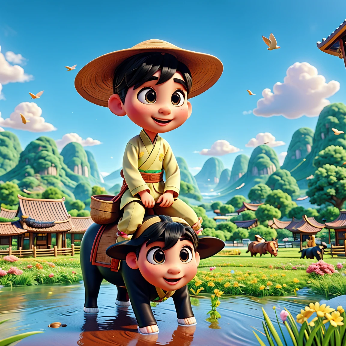 During the Qingming Festival, light rain, A woman wearing light-colored Hanfu、Cute Chinese boy wearing a straw hat riding on a black bull, Play the flute, Reminiscent of the characters in Pop Mart. They were in a field with a river., grassland, and mountains in the distance, Under the sky with birds circling, Depicting the vibrant spring life. This boy is presented in Disney Pixar style, big, Watery eyes and bright colors. This scene uses ray tracing and Octane rendering techniques to achieve the wide angle view, With clay-like texture and dynamics, Animated Lighting. This 3D artwork was created using C4D, oc rendering, and Blender, Show rich details and high quality.