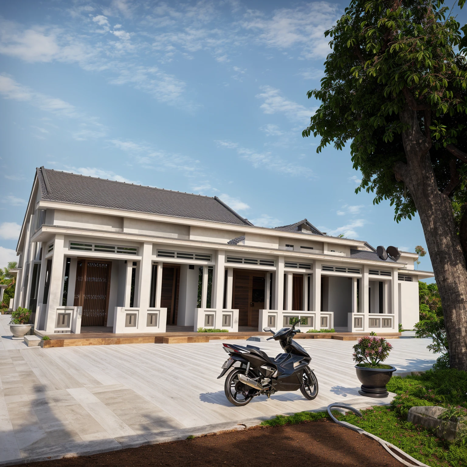 1 main wood door, many glass door, concrete, wood wall,white, modern villa, palm, plant, beautiful sky, wood facade, architecture, beautiful, masterpiece, best quality, super detailed, realistic, photorealistic, 8k, sharp focus, droste effect photography, macro photography