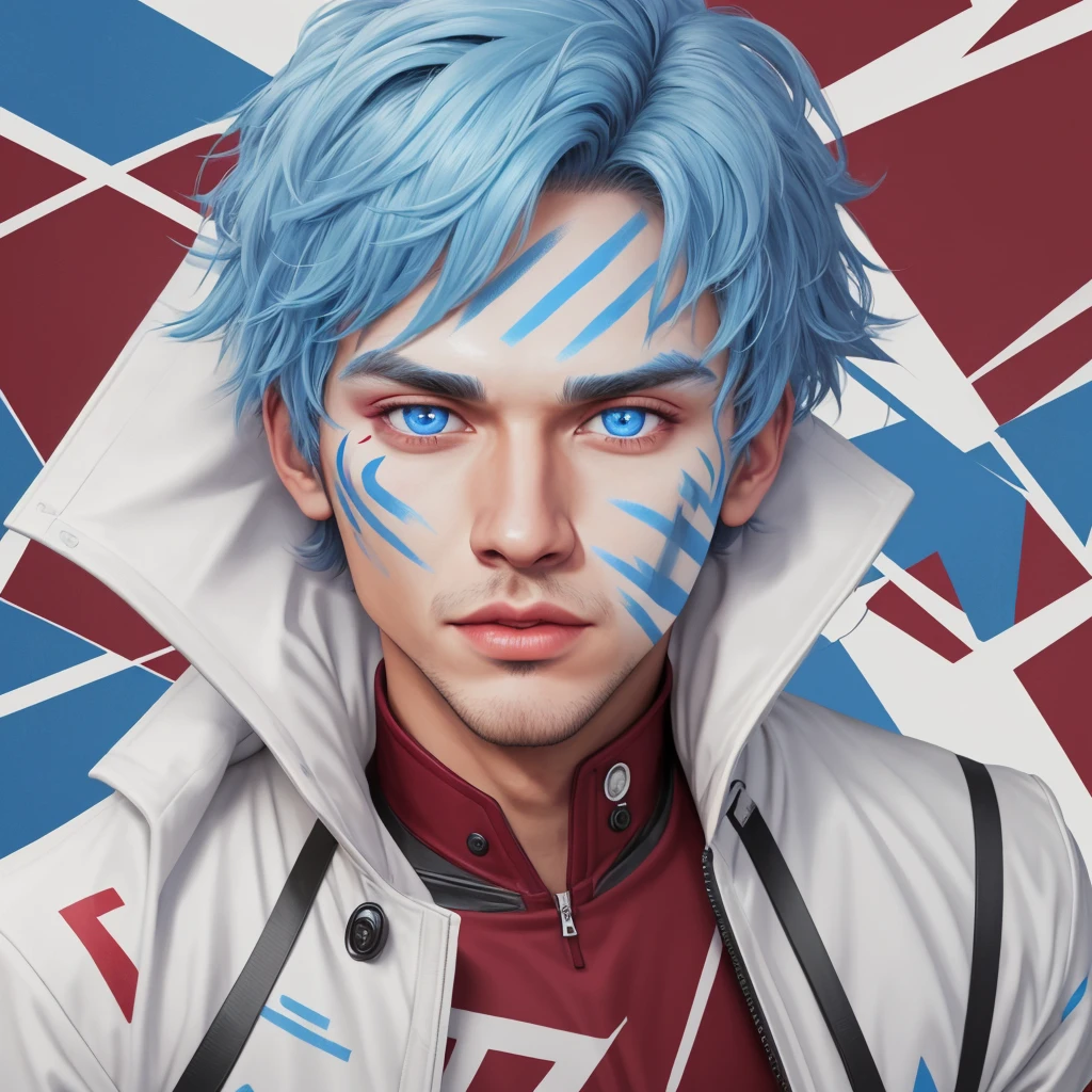 realistic, mature, solo, 1boy, male focus, blue eyes, blue hair, maroon background, light skinned male, red and white face paint, looking at viewer, lips, white jacket, high definition, 8k, animated, vibrant color, bright, hdr, saturated