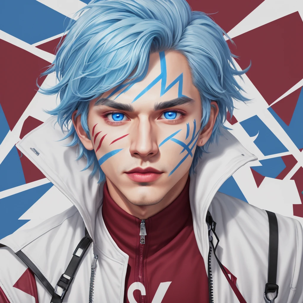 realistic, mature, solo, 1boy, male focus, blue eyes, blue hair, maroon background, light skinned male, red and white face paint, looking at viewer, lips, white jacket, high definition, 8k, animated, vibrant color, bright, hdr, saturated 