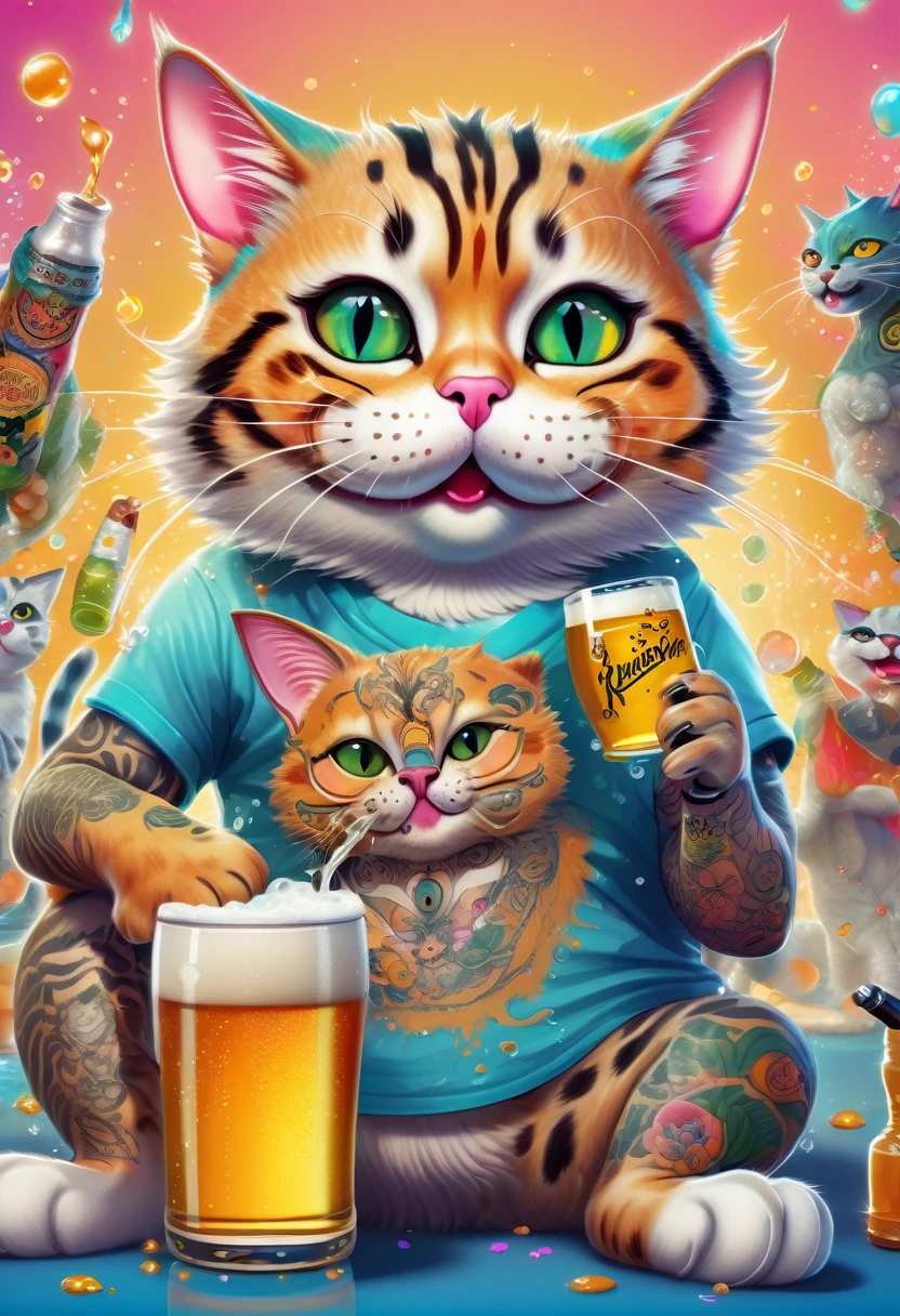 a high quality digital artwork of a funny and adorable (cat) with (mascara) marks on its face, drinking beer surrounded by (yakuza tattoos), whimsical illustration, vibrant colors, cute character design, humorous, cartoon style, detailed background, light-hearted atmosphere, playful composition, artistic interpretation, 4k render
