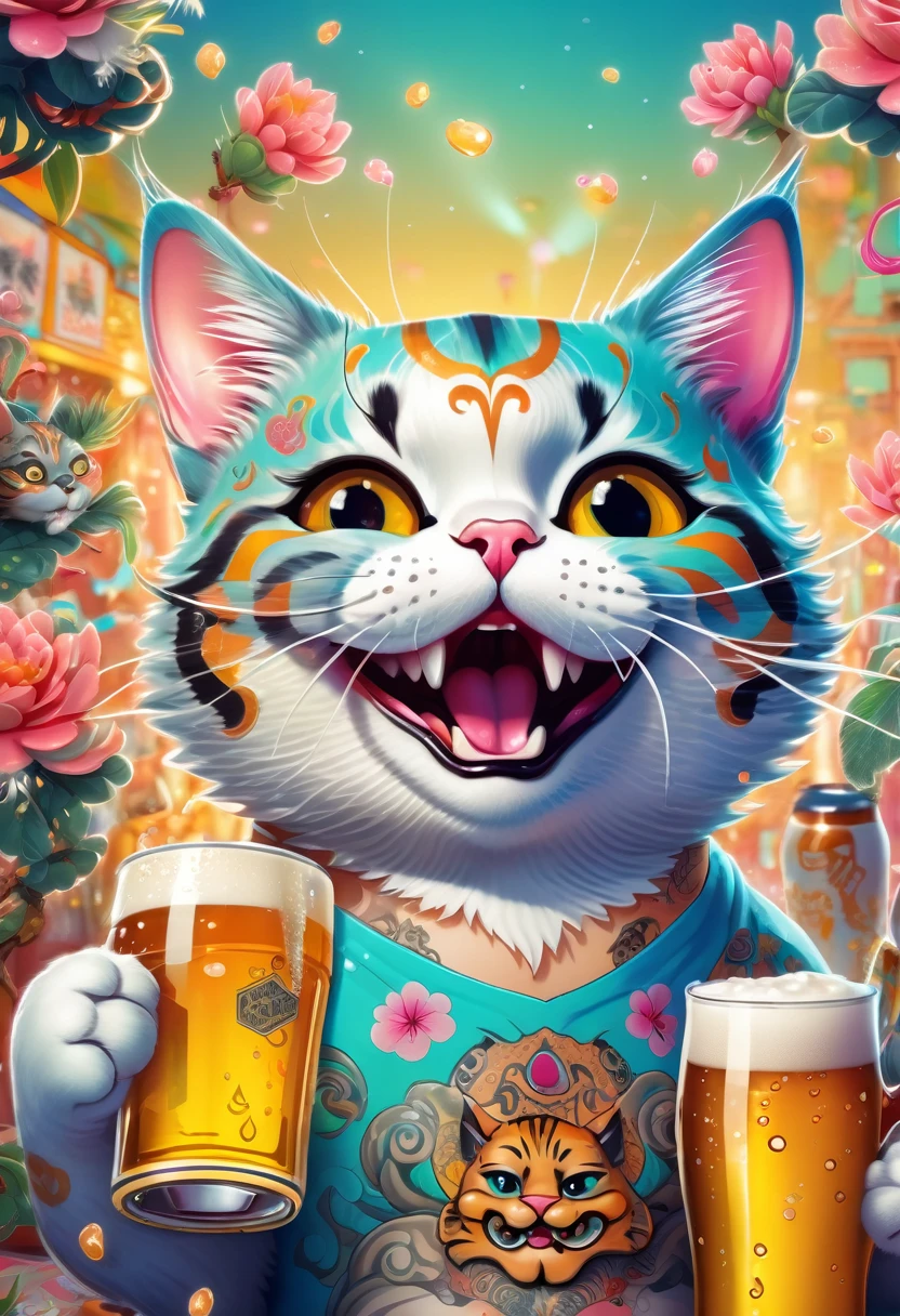 a high quality digital artwork of a funny and adorable (cat) with (mascara) marks on its face, drinking beer surrounded by (yakuza tattoos), whimsical illustration, vibrant colors, cute character design, humorous, cartoon style, detailed background, light-hearted atmosphere, playful composition, artistic interpretation, 4k render
