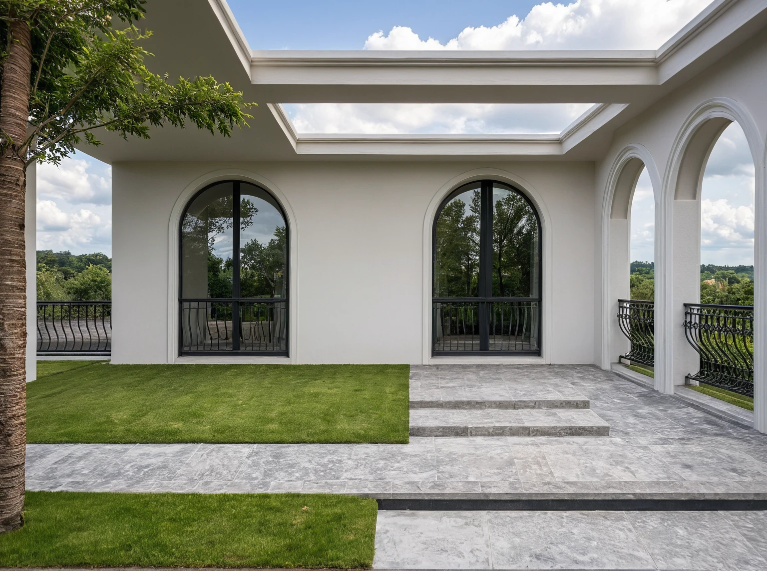 raw photo,garden classic style,Masterpiece, high quality, best quality, authentic, super detail, outdoors, onestoreyvillaXL, aiaigroup, house style modern on the street ,stairs, white wall ,road,pavement, grass, trees, sky, cloud, (daylight:1.1)