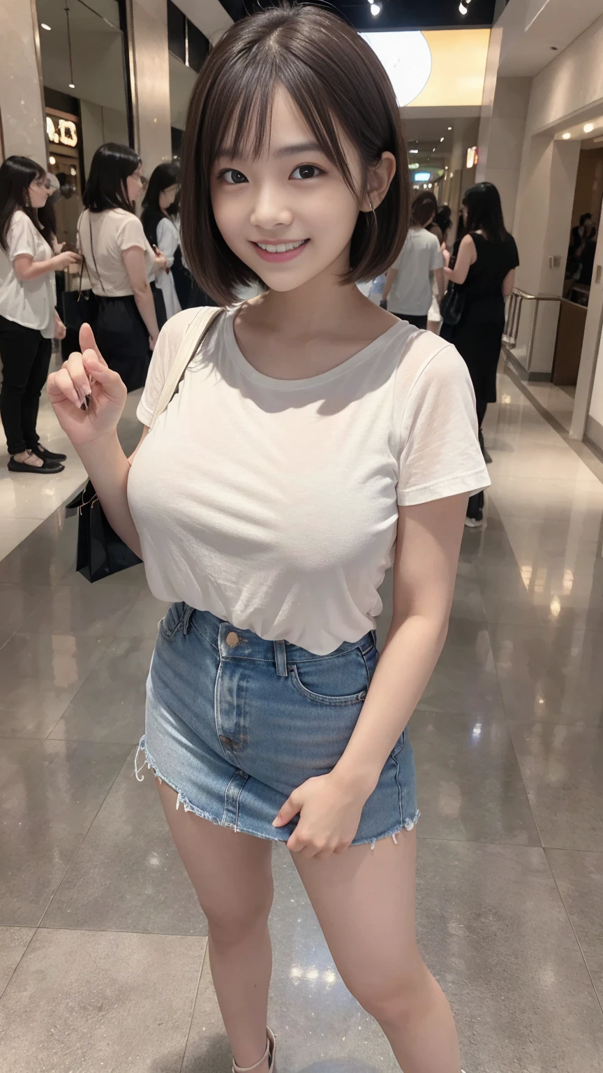 8k,((highest quality)),Very detailed,((masterpiece)),Realistic, masterpiece, highest quality, (Reality: 1.4), オリジナルphotograph, 35mm lens, Aperture f1.4, Movie Posters, Light and shadow,((Big Tits 1.1)),girl,Real Skin, (Skin Details: 1.3),Corrects your fingers into a beautiful shape,Two beautiful arms,Real fingers with attention to detail,High quality skin,photograph,short hair,((Shopping mall)),Eating soft serve ice cream,Age 25,((Big, wide eyes)),Voluptuous body,((Full Body Shot:1.3)),Ultra-high resolution,((Realistic: 1.4)), RAWphotograph,Beautiful colors,Backlight,Bright lighting,(Bright smile:1.5),One Woman,((T-Shirts)),mini skirt,snap shot,Portrait,