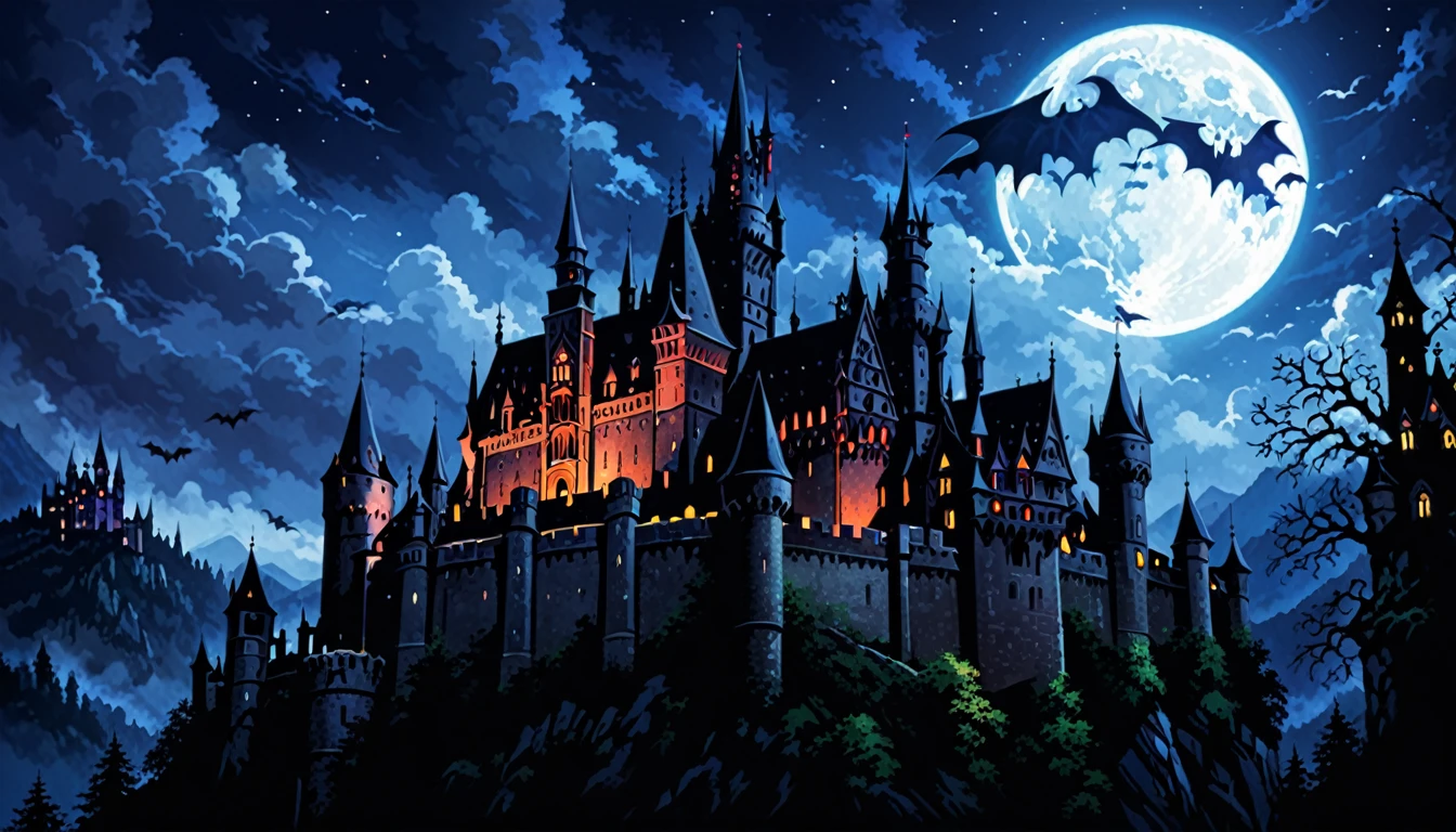 background、Dracula's Castle、Gothic style、月が出ているbackgroundの庭