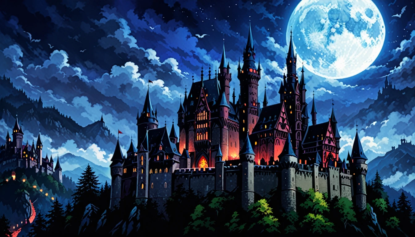 background、Dracula's Castle、Gothic style、月が出ているbackgroundの庭