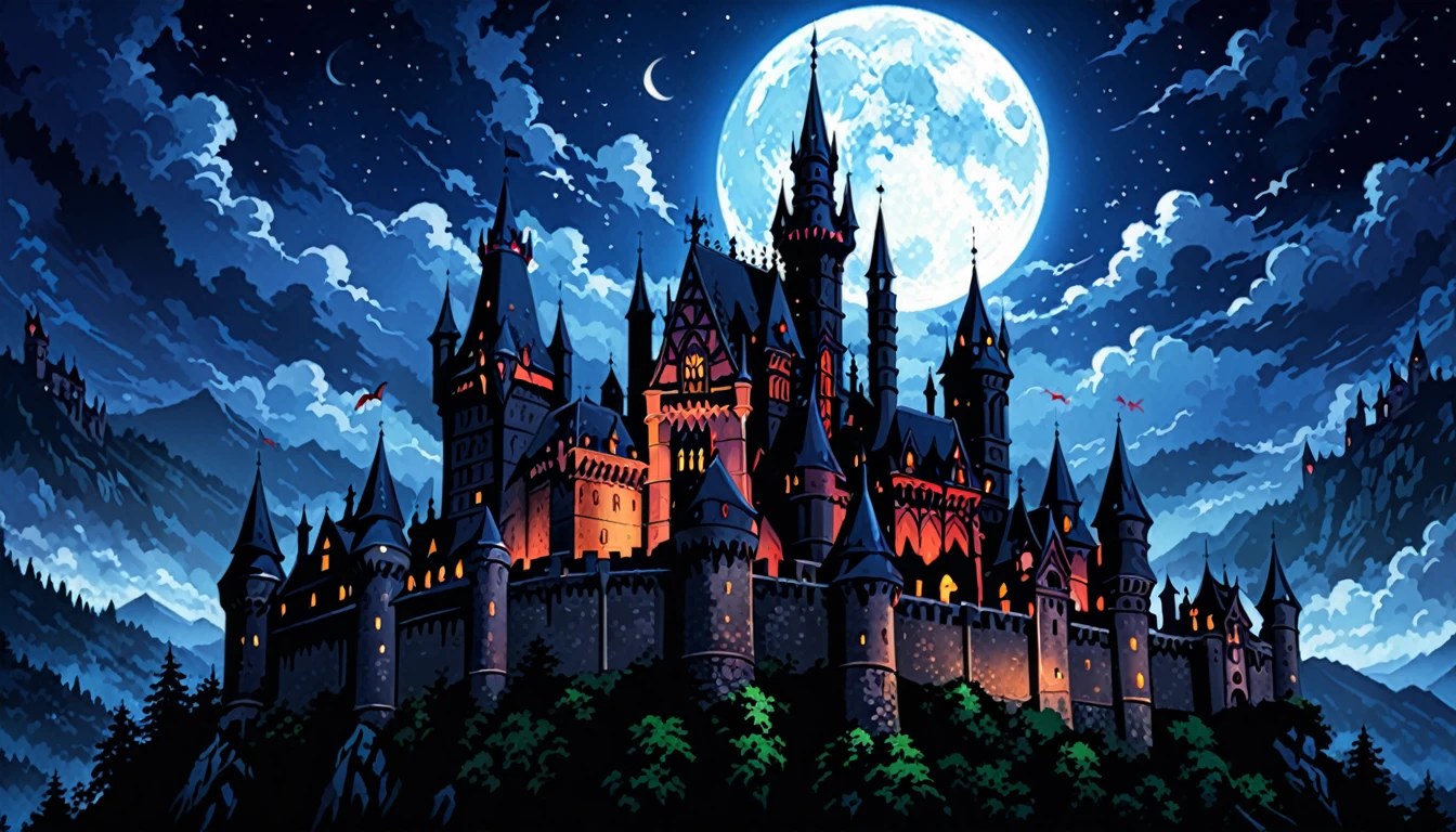 background、Dracula's Castle、Gothic style、月が出ているbackgroundの庭