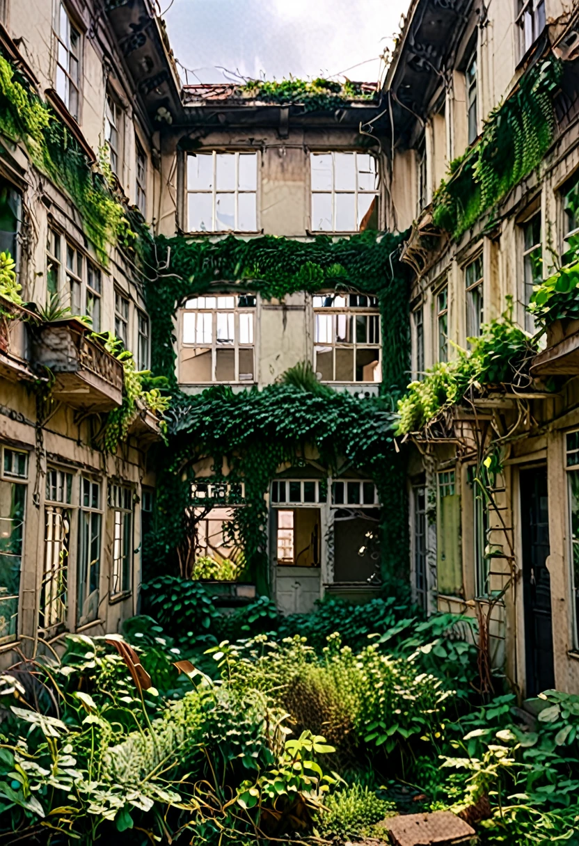 arafed building with a lot of windows and overgrown plants, empty buildings with vegetation, overgrown city, nature taking over, overgrown ruins, surreal abandoned buildings, overgrown environment, abandoned city, overgrown place, overgrown mall, overgrown with vines, an abandonded courtyard, abandoned buildings, overgrown with plants, overgrown with vegetation