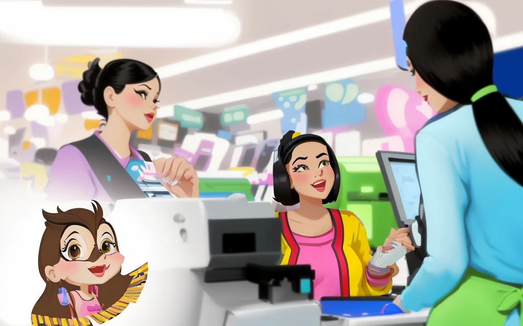 there is a woman and a girl at a cash register, commercial illustration, stylized digital illustration, cartoon illustration, cartoon style illustration, full color digital illustration, cartoon digital painting, official illustration, digital illustration -, colored illustration, digital illustration, in cartoon style, digital ilustration, digital art cartoon, background artwork, proffesional illustration, cartoon digital art