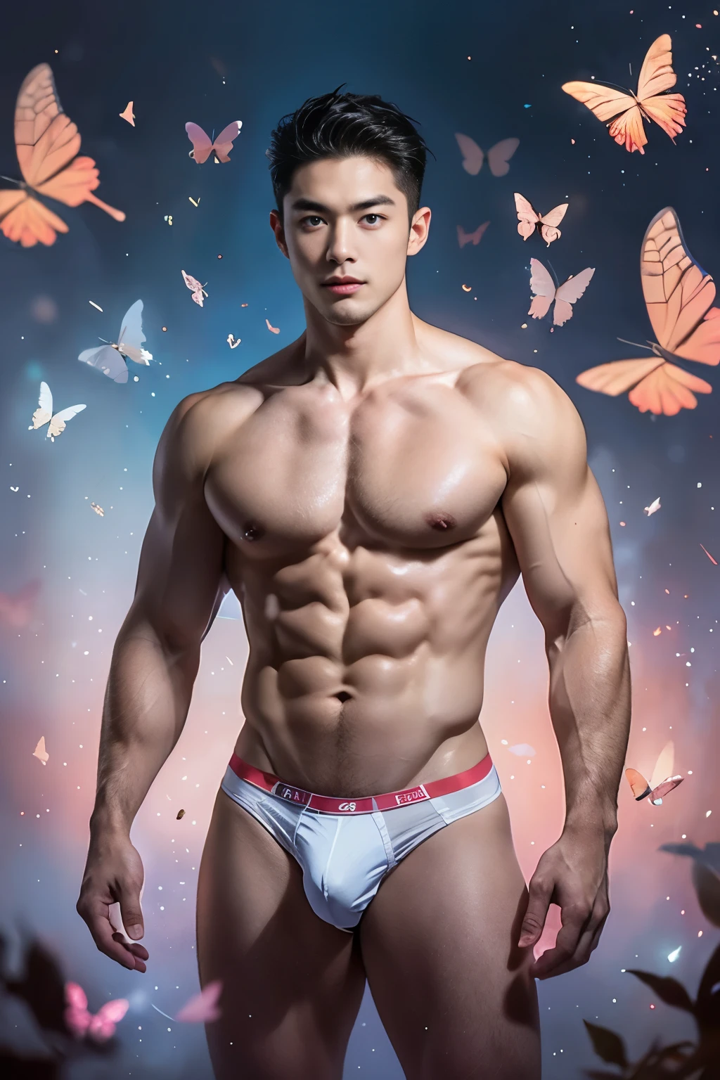(8K, RAW photo, Highest quality) masterpiece, 1 young boy, 18 years old, Asian muscular man Look at viewer, standing forward, showing his huge muscular breasts, puffy nipples, sexy six packs, narrow waist, Handsome, Topless, Thick body hair, man wearing thong underwear , butterflies on his body, butterflies flying through the air, gradient background, Sparkle & Sequin Backdrops , cinematic lighting, UHD