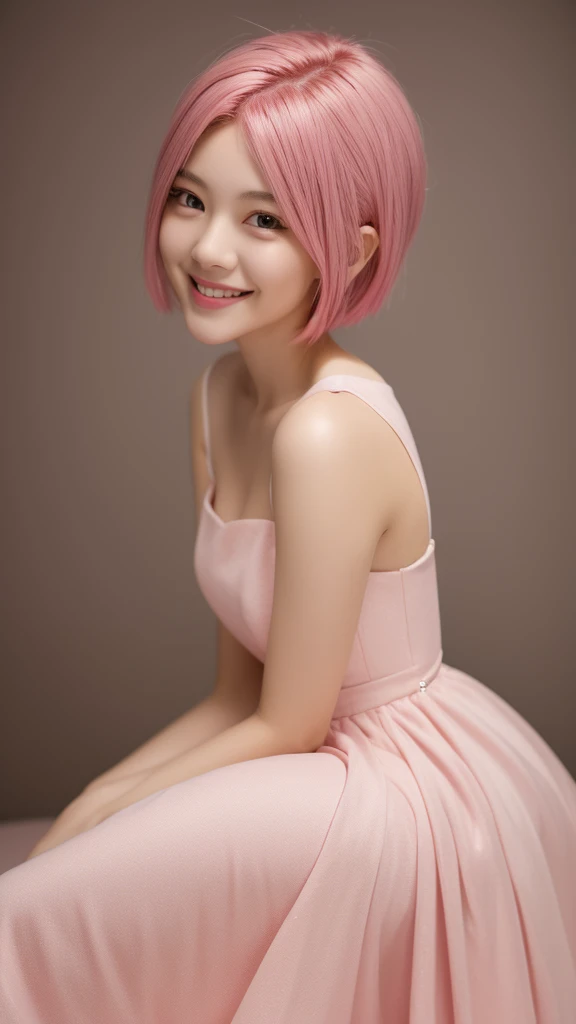 masterpiece, 最high quality, 18 year old girl,Pink Hair ,short hair,alone, ,Facing forward,smile,Smile,high quality,White dress