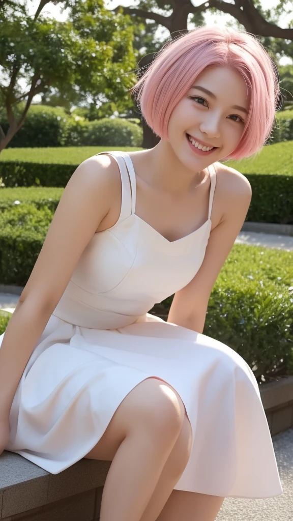 masterpiece, 最high quality, 18 year old girl,Pink Hair ,short hair,alone, ,Facing forward,smile,Smile,high quality,White dress
