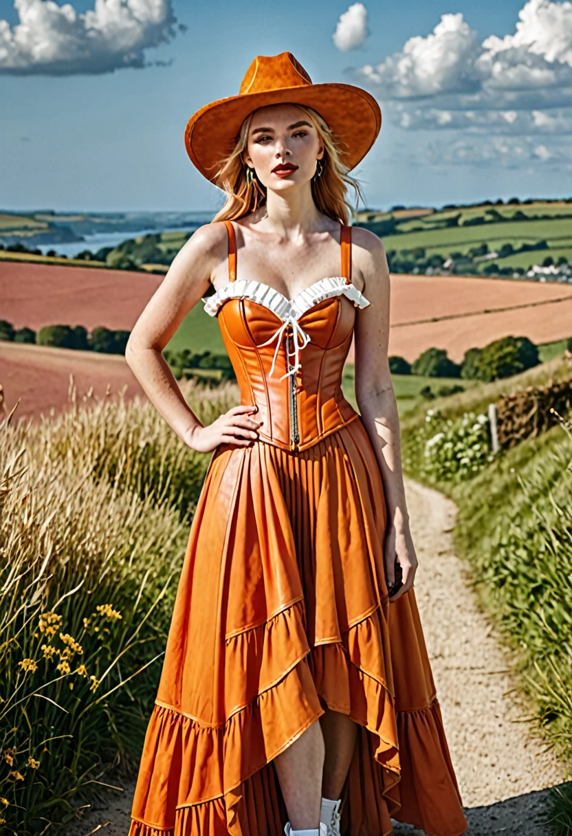 A photo of a woman model. Wearing an orange outfit. Medieval inspired. Orange dyed leather bustier corset dress. Full length dress, orange cotton floaty skirt, pleated with layers. White trainers, exaggerated cowboy hat. Festival chic. Photo is outside, sunny day, countryside coastal background 