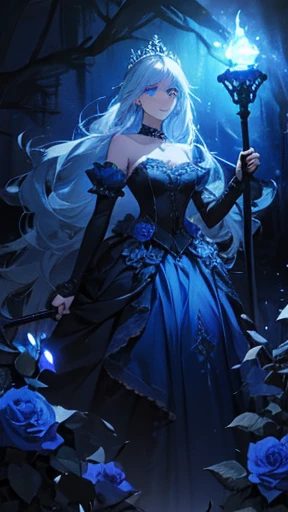 Princess, blue lamp, haunting, mysterious, imprisoned, axe, chains, bioluminescent path, briar, roses, thorns, bushes, sacrifice