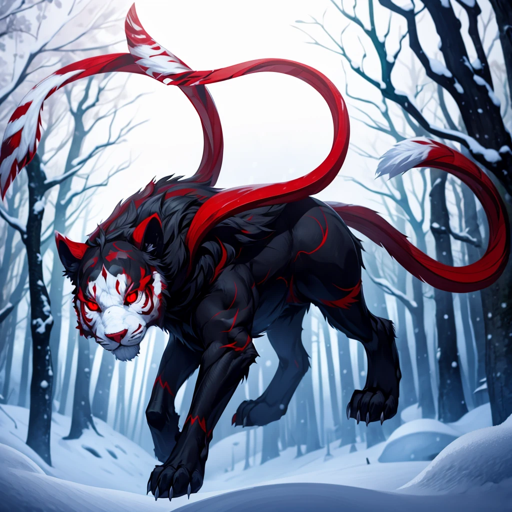 White wool, Red eyes, against the backdrop of a snowy forest