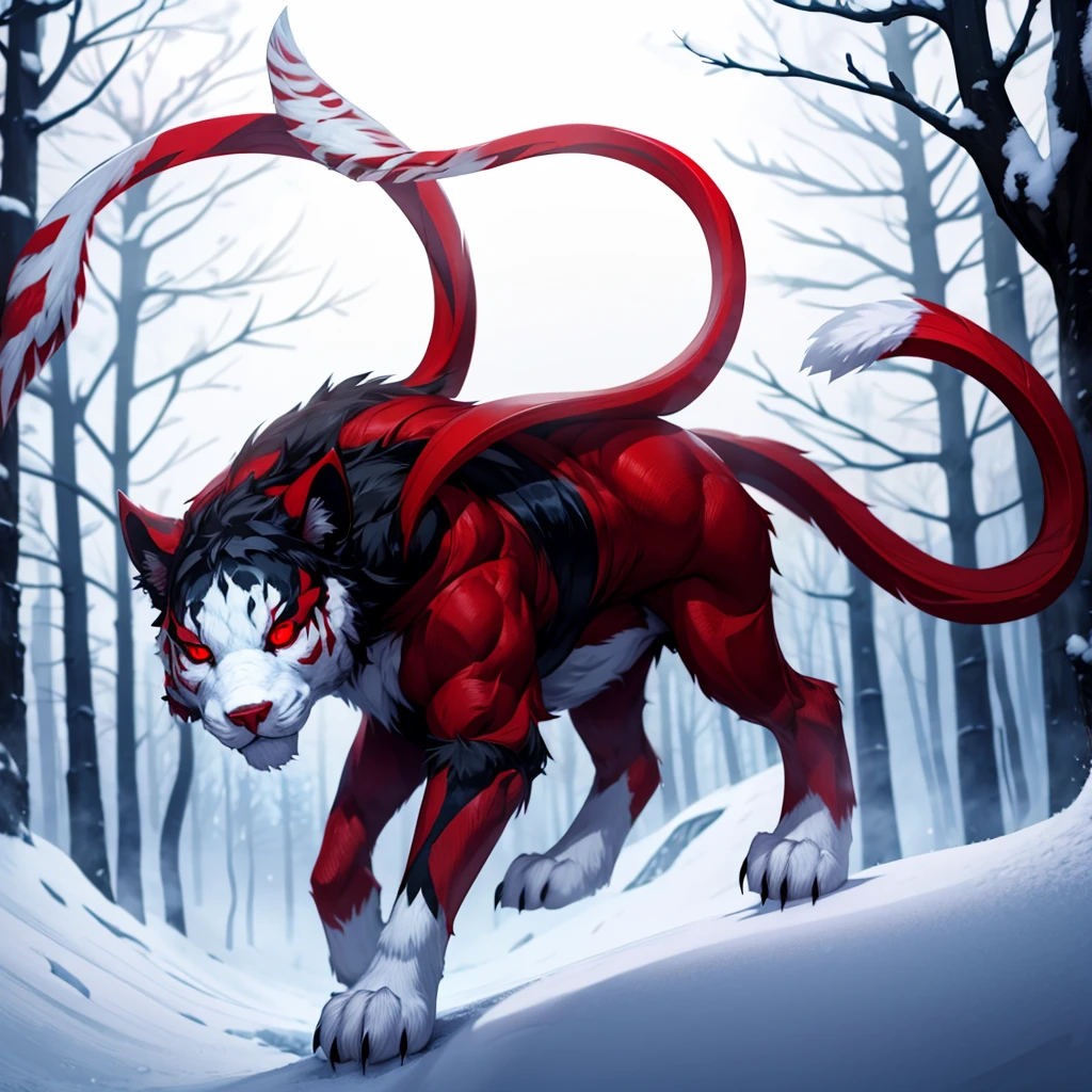 White wool, Red eyes, against the backdrop of a snowy forest