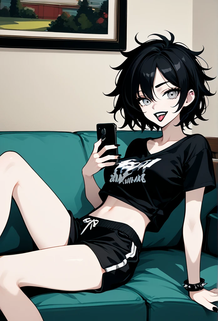 mature woman, goth, hot face, black lipstick, tongue out, teasing expression, seductive grin, hot face, (sharp eyes), gray eyes, short hair, messy hair, black hair, slim body, medium breast, short pants, hot pants, black clothes, midriff, sitting down, sitting on sofa, crossing legs, (holding phone), view from side, side view, living room