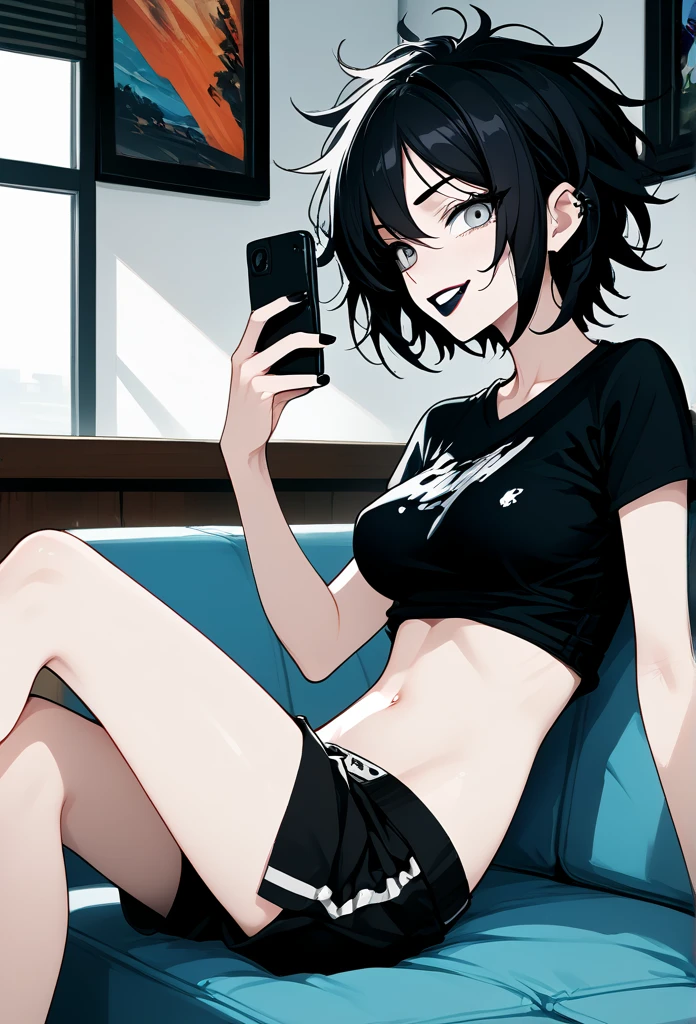 mature woman, goth, hot face, black lipstick, tongue out, teasing expression, seductive grin, hot face, (sharp eyes), gray eyes, short hair, messy hair, black hair, slim body, medium breast, short pants, hot pants, black clothes, midriff, sitting down, sitting on sofa, crossing legs, (holding phone), view from side, side view, living room