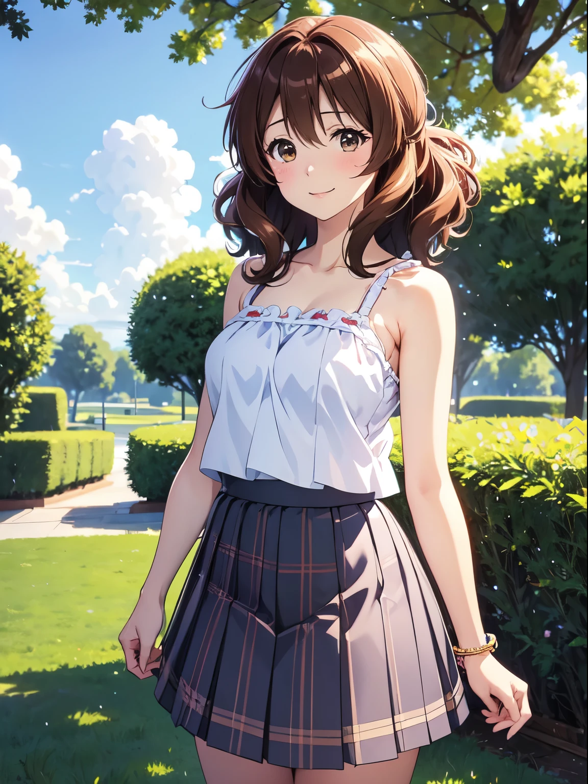 Super detailed, High resolution, (Anime illustration style),smile,Kumiko Oumae,1 girl, high school girl,Medium Hair, bangs, Hair between the eyes,Wavy Hair、Standing、 Looking at the audience, whole body, Front view:0.4, (Beautiful views), garden, camisole, 白のcamisole , Grey plaid pleated skirt、(Real、Photorealistic、Photorealistic)、HDR、UHD、Ultra-fine painting、Sharp Focus、Beautiful thighs、Cowboy Shot