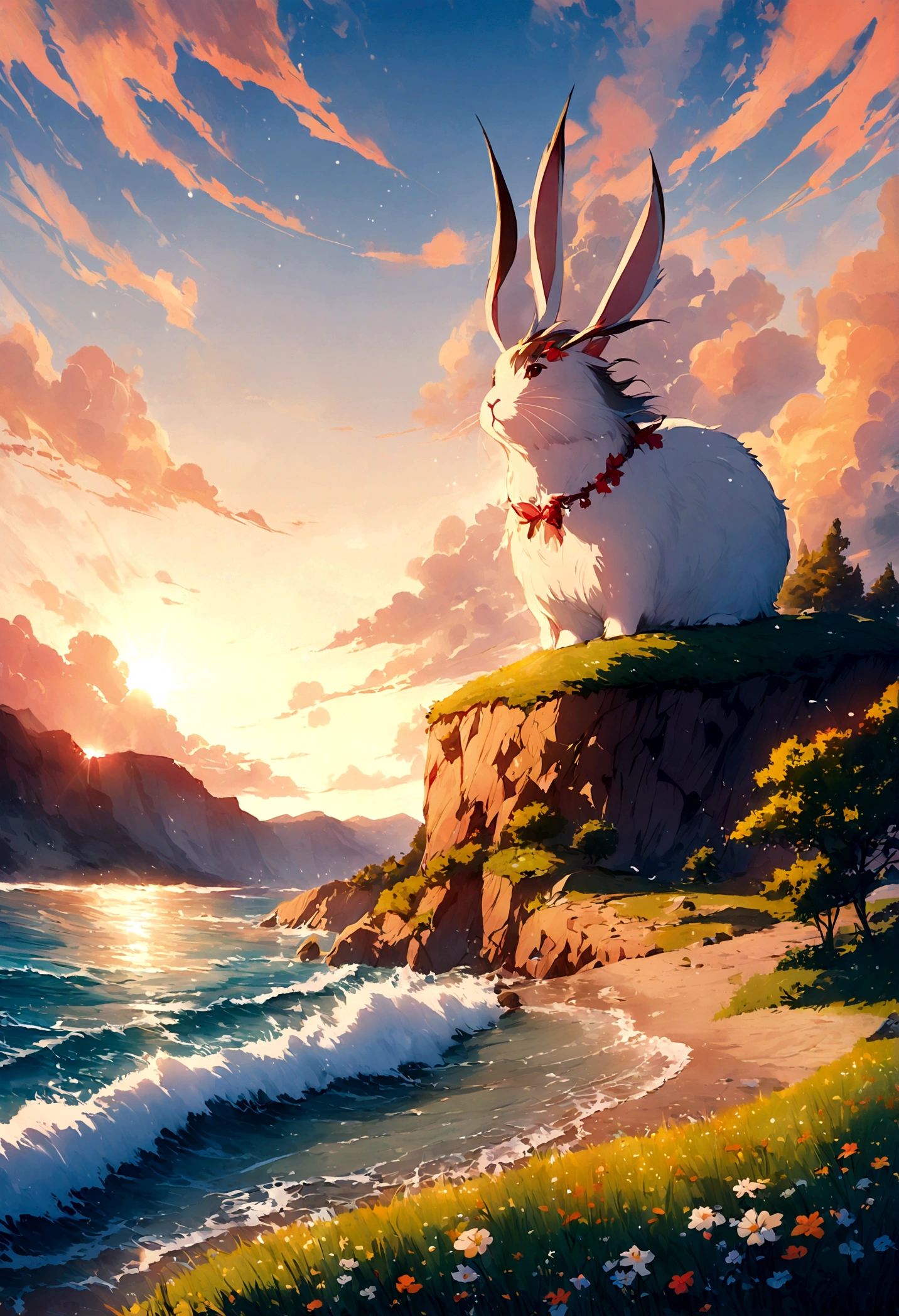 A bunny artist,sunny,seaside,Paint colorful landscapes on canvas