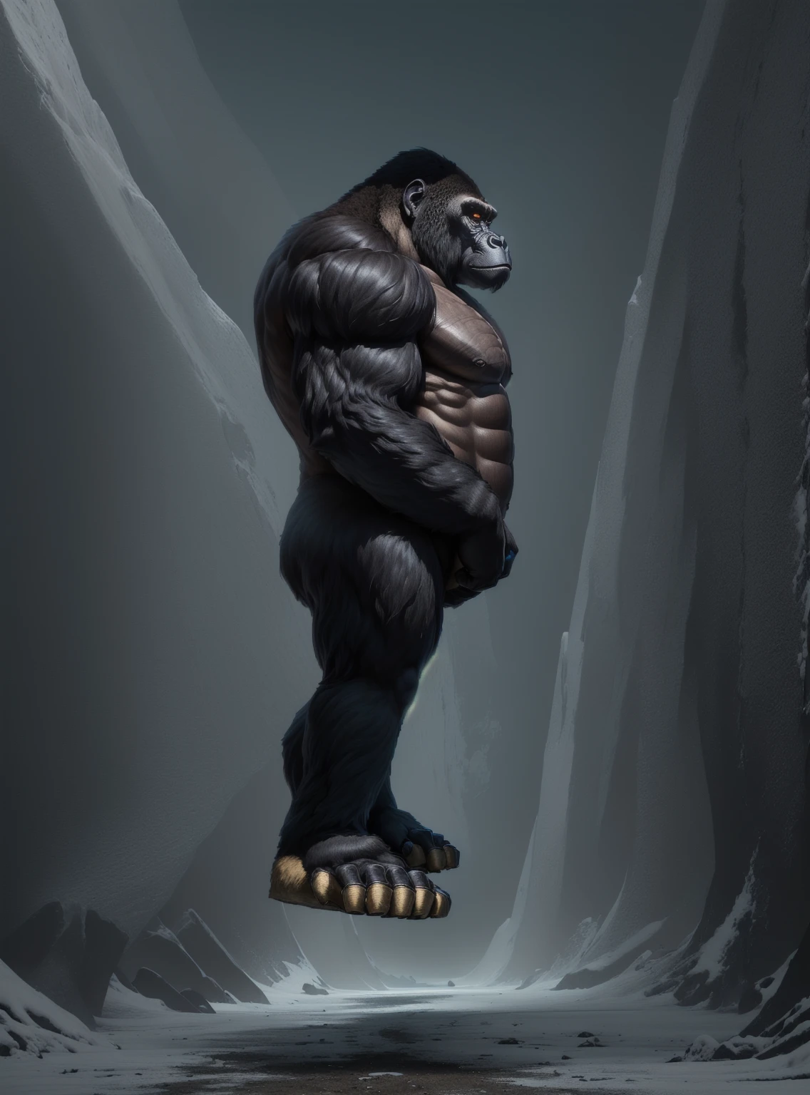 arafed gorilla standing on its hind legs with a white background, gorilla, distant full body view, bigfoot, big foot, full body wide shot, whole body highly detailed, like gorilla, sasquatch,muscular, strong body, full body profile, 1/2 view realistic, full body shot hyperdetailed, highly detailed full body, ( sasquatch, full body close-up shot