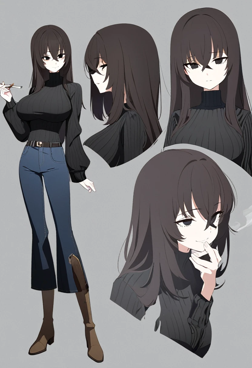 One Woman,Downer,older sister,Concept Art,Dark brown hair,Straight hair with slight inward curls,Staring eyes,Eye Ridge,black eye,Crossed bangs,whole body,smile,Larger breasts,Gray background,Bangs that reach down to the eyes,Messy hair,Tight dark jeans,Dark brown turtleneck sweater,Multiple views of the same character,Character Design,Dark circles under the eyes,Bad look,Listless,Sloppy,accessories,Cafe staff,Holding a cigarette,whole bodyCharacter Design,Detailed hands,Height: 170cm,boots,