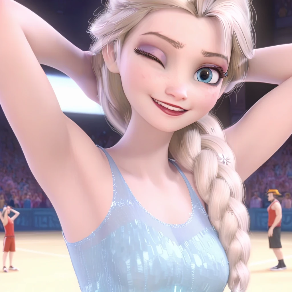 score_9, score_8_up, score_7_up, score_6_up, absurdres, best quality, elsa33, 1girl, long hair, blue eyes, blonde hair, TANK TOP, SPORT THONG, braid, hair over shoulder, red lips, eyelashes, eyeshadow, makeup, frozen \(disney\), anime screencap, arms behind head, one eye closed, smile,