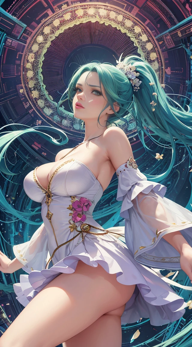 (On the table, Highest quality, Best quality at best, offcial art, Beautiful and beautiful:1.2), (1 woman in:1.3), long light blue hair, (high ponytail hair), (slicked back hair:1.2), very detailed green eyes, pouty red lips, huge breasts, The is very detailed,(s fractal art:1.2),Colorful,highest details,(Tangled:1.2), (dynamicposes), (abstract backgrounds:1.5), (Congressional dress:1.2), (Glossy glossy skin), (Lots of colors:1.4), The upper part of the body, Tulle cloth, Off-the-shoulder style, blooming flower field, Glowing skin, light laughter, Camel toes, sexy for, Broken, nakeness,from below,Get your butt up and wait.