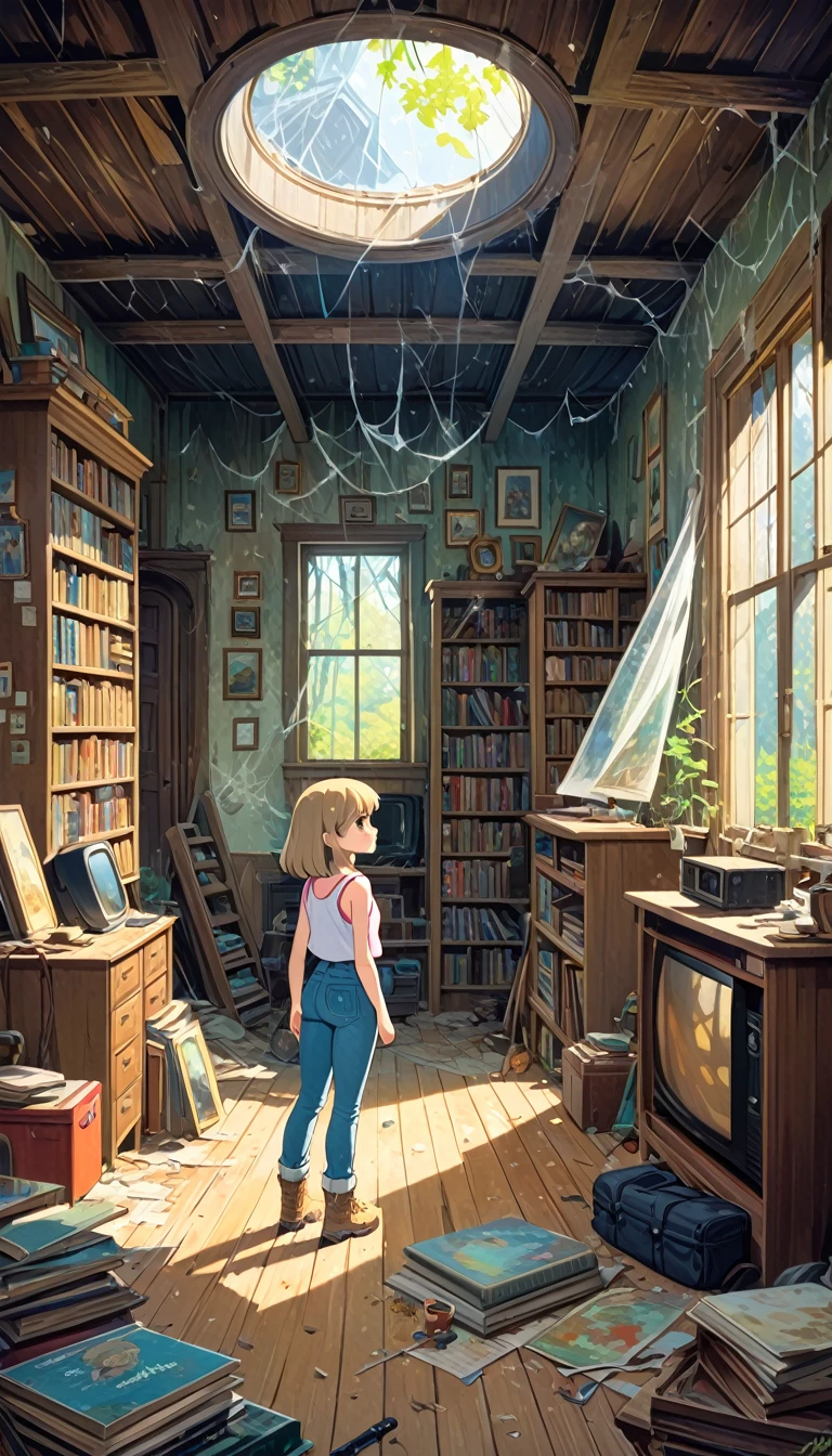 pretty girl, explorer, exploring a large room in an abandoned house, jeans and tank top, hiking boots, everything old and full of dust and cobwebs, 80s, tv, large library, lots of details,(art inspired in Ghibli). oil painting) 