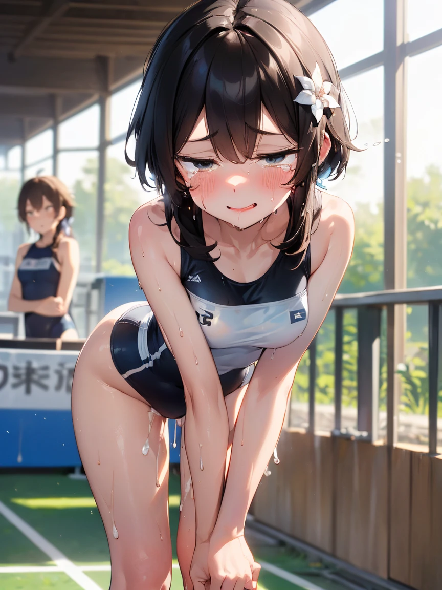 ( rides guy perfectly:1.3)、(Rich color expression)、(eyes half closed:1.3)、(Grin:1.3)、(Big tears:1.5)、(Drooling from the mouth:1.3)、(The body shakes violently:1.5)、vagina、8K resolution、 masterpiece、((highest quality))、Anatomically correct、(The whole body is wet with semen:1.3)、(Sticking out tongue)、(Flower Hair Ornaments)、(Large amounts of fluid)、(Track and field uniforms:1.3)、(Knee socks)、((Hasselblad Photos))、[:(Detailed face:1.2):0.2]、(Sweaty:1.6)、(Bend your knees:1.3)、(Leaning forward:1.3)、(Brush your hair back:1.3)