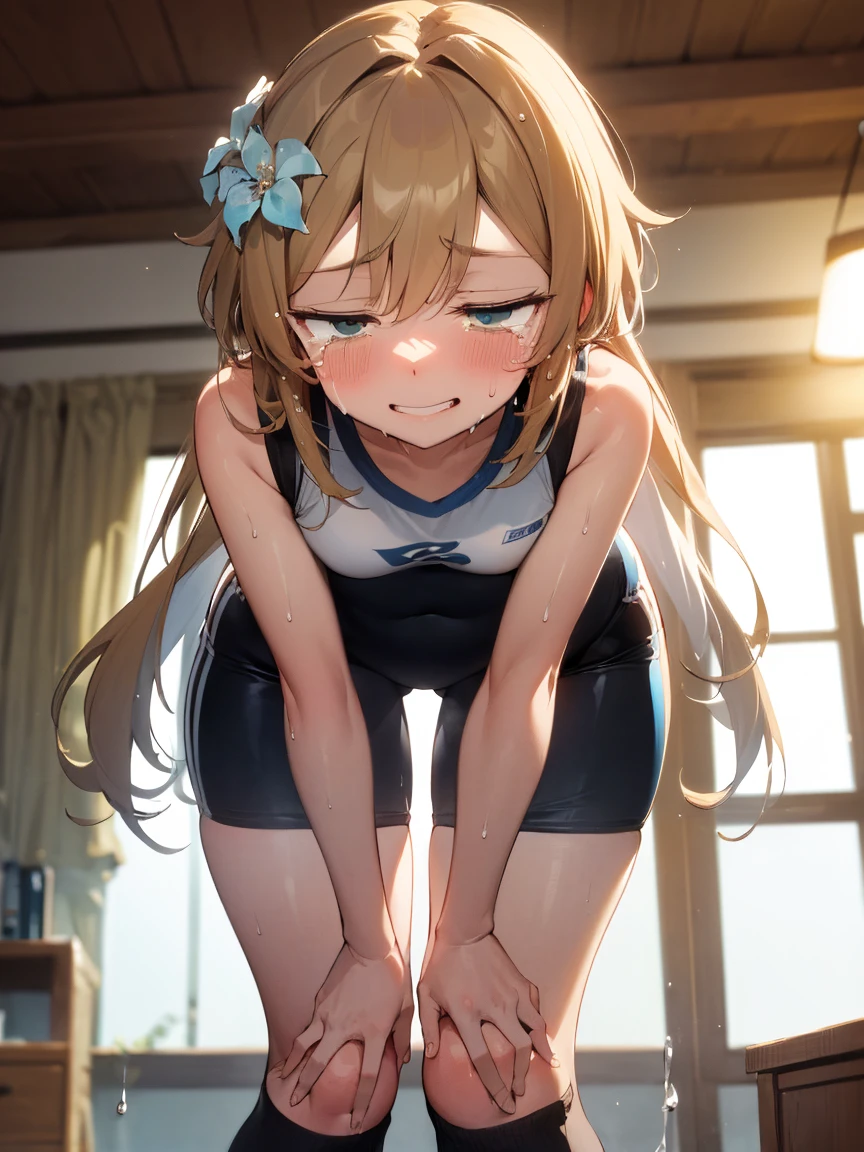 ( rides guy perfectly:1.3)、(Rich color expression)、(eyes half closed:1.3)、(Grin:1.3)、(Big tears:1.5)、(Drooling from the mouth:1.3)、(The body shakes violently:1.5)、vagina、8K resolution、 masterpiece、((highest quality))、Anatomically correct、(The whole body is wet with semen:1.3)、(Sticking out tongue)、(Flower Hair Ornaments)、(Large amounts of fluid)、(Track and field uniforms:1.3)、(Knee socks)、((Hasselblad Photos))、[:(Detailed face:1.2):0.2]、(Sweaty:1.6)、(Bend your knees:1.3)、(Leaning forward:1.3)、(Brush your hair back:1.3)