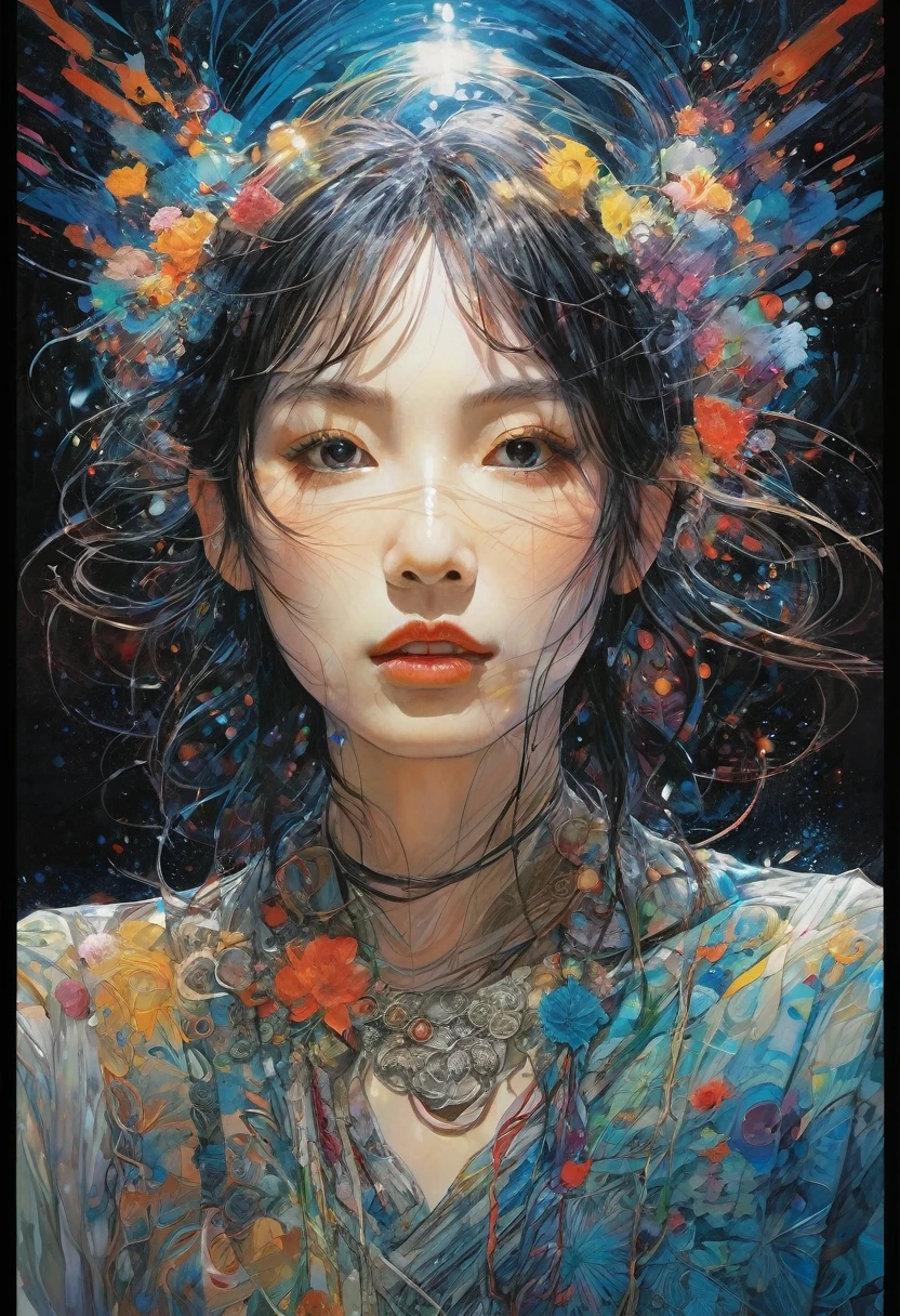 Abstract expressionist painting abstract beauty, centered, (looking at camera), near perfection, dynamic, moonlight, highly detailed, digital painting, artstation, concept art, smooth, sharp focus, illustration, art by Carne Griffiths and Wadim Kashin. Vibrant brushstrokes, bold colors, abstract forms, expressiveness, emotions, official art, unified 8k wallpapers, ultra-detailed, beautiful and aesthetic, masterpieces, best quality, (zentangle, mandala, tangled, tangled), (fractal art: 1.3),extremely detailed, dynamic angles, ((cowboyshot)), vibrant colors, romanticism, by James Jean, Robbie Devi Antonio, Rose Tran, Frances · Bacon, Michal Mraz, Adrian Gurney, Petra Cortright, Gerhard Richter, Takato Yamamoto, Ashley Wood, world ending, ecstasy of beautiful, translucent glowing powered ball, outstretched hand to holds,