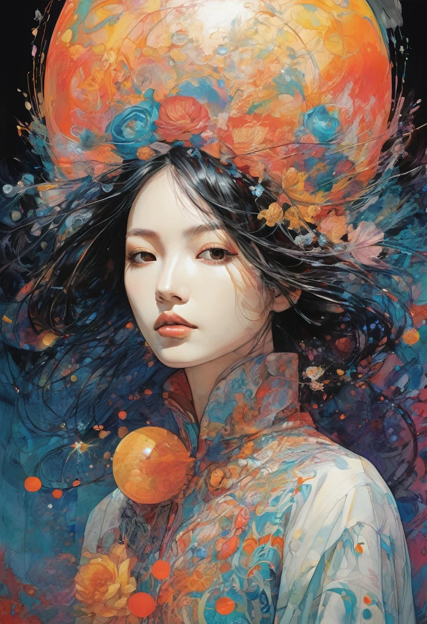Abstract expressionist painting abstract beauty, centered, (looking at camera), near perfection, dynamic, moonlight, highly detailed, digital painting, artstation, concept art, smooth, sharp focus, illustration, art by Carne Griffiths and Wadim Kashin. Vibrant brushstrokes, bold colors, abstract forms, expressiveness, emotions, official art, unified 8k wallpapers, ultra-detailed, beautiful and aesthetic, masterpieces, best quality, (zentangle, mandala, tangled, tangled), (fractal art: 1.3),extremely detailed, dynamic angles, ((cowboyshot)), vibrant colors, romanticism, by James Jean, Robbie Devi Antonio, Rose Tran, Frances · Bacon, Michal Mraz, Adrian Gurney, Petra Cortright, Gerhard Richter, Takato Yamamoto, Ashley Wood, world ending, ecstasy of beautiful, translucent glowing powered ball, outstretched hand to holds,