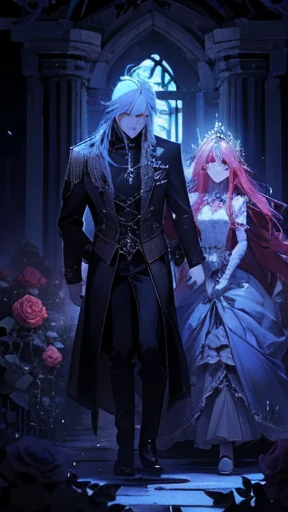 Princess, red lamp, haunting, mysterious, imprisoned, axe, chains, bioluminescent path, briar, roses, thorns, bushes, sacrifice
