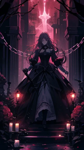 Princess, red lamp, haunting, mysterious, imprisoned, axe, chains, bioluminescent path, briar, roses, thorns, bushes, sacrifice