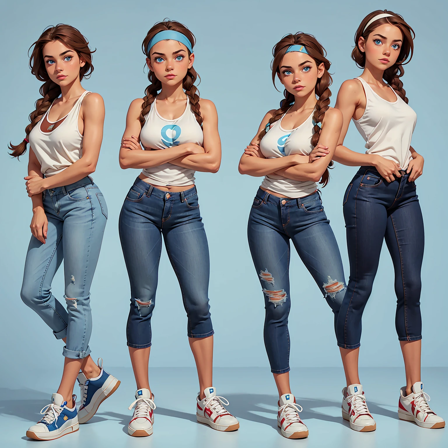 image split vertically in three, full body on the picture, standing italian girl 22 years old, meidum breast, light blue eyes, brown hair, headband and braids, blue jeans, tank top, sneakers, white background