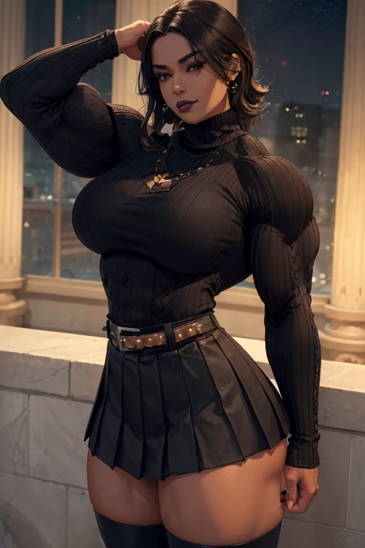 (((((Massive, beautiful, buff, light brown skinned muscular woman with black hair, black lipstick, ginormous bulky muscles and wearing a beautiful black long-sleeved turtleneck sweater with black pleated skirt))))), (close view), (massive muscles), hyper muscles, long straight hair, ((chained belt)), orange eyes, choker, ((black long-sleeved turtleneck sweater)), (beautiful pleated skirt), belt, black boots, (in the Star beautiful village), closed smile, night, ginormous muscles