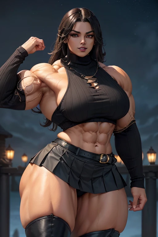 (((((Massive, beautiful, buff, light brown skinned muscular woman with black hair, black lipstick, ginormous bulky muscles and wearing a beautiful black long-sleeved turtleneck sweater with black pleated skirt))))), (close view), (massive muscles), hyper muscles, long straight hair, ((chained belt)), orange eyes, choker, ((black long-sleeved turtleneck sweater)), (beautiful pleated skirt), belt, black boots, (in the Star beautiful village), closed smile, night, ginormous muscles