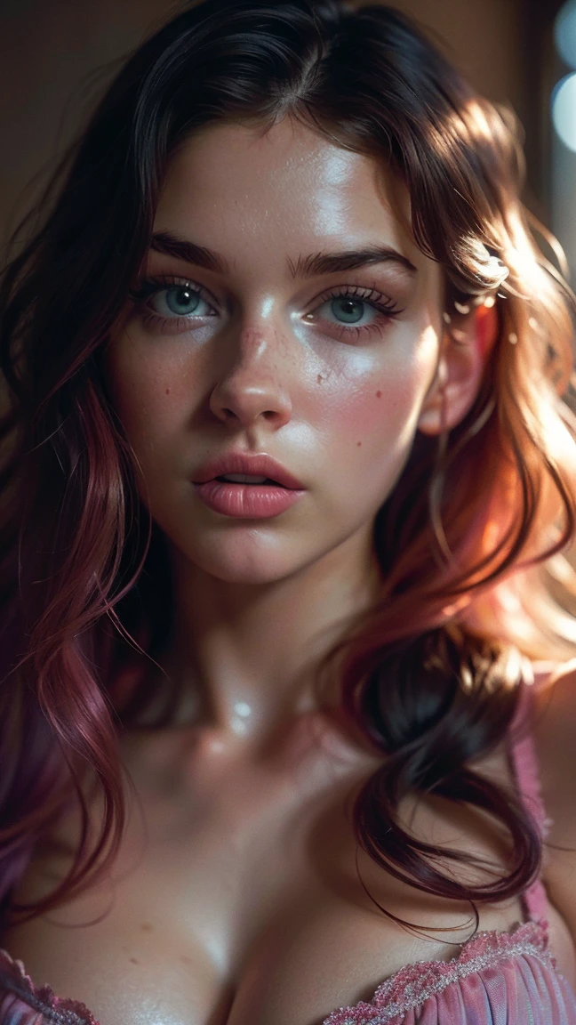 (((ultra realistic))) Photo, masterpiece, top quality, (pale skin), (Ultra detailed face and eyes:1.3), 1 girl, Adult, in a T-shirt, (Eye makeup, mascara) , ((large detailed lips)), ((Pink wavy hair)), ((Chyolka)) , (Natural breasts), Slim waist. ((Posing)), photoshoot, studio (soft lighting), (The play of light and shadows), depth of field, bokeh, (special attention to skin detail: 1.2), Detailed leather texture, skin pores. (Warm atmosphere of the frame. Color range: black, purple, Pink, blue tones), UDR, ((Film grain)), ((rays)), ((Glare)), ((waist up portrait)) , ultra detialed,