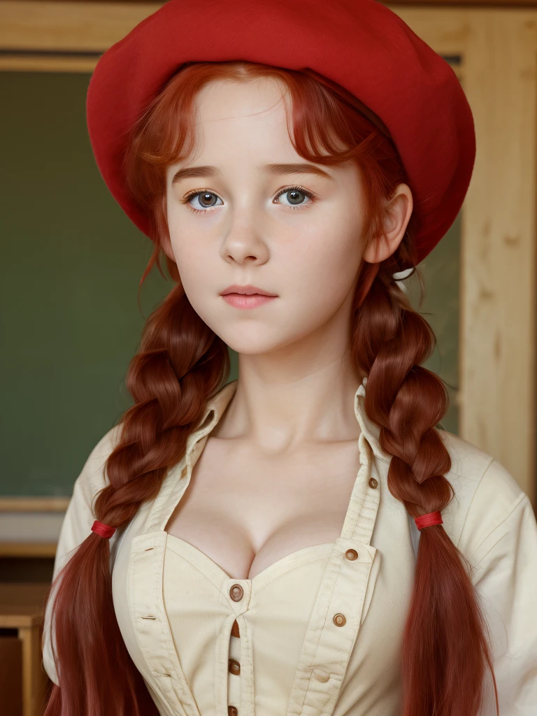 (best quality,4k,8k,highres,masterpiece:1.2),ultra-detailed,(realistic,photorealistic,photo-realistic:1.37), ((classroom, a peasant school girl, she wears beret, solo, shy, braided red hair, pale skin)), ((slim body, very large bust size for her young age))