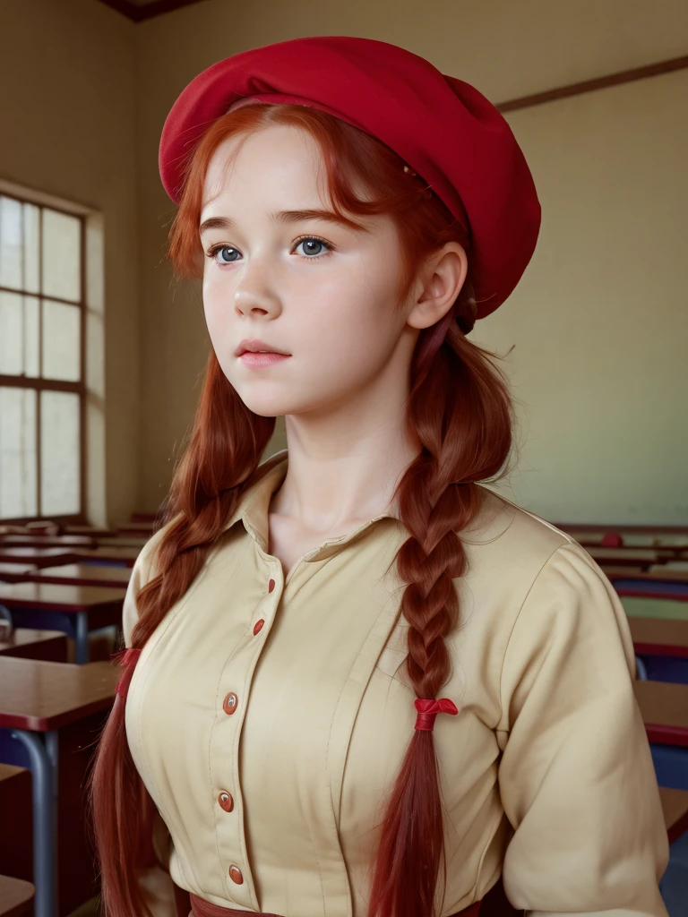 (best quality,4k,8k,highres,masterpiece:1.2),ultra-detailed,(realistic,photorealistic,photo-realistic:1.37), ((classroom, a peasant school girl, she wears beret, solo, shy, braided red hair, pale skin)), ((slim body, very large bust size for her young age))