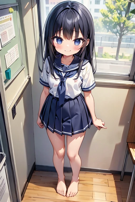 one person、Long Hair、Black Hair、With bangs、6 year old girl、small、1st grade elementary school students、Baby Face、smile、Innocent face、Big eyes、barefoot、black eye、cute、Are thin、凄くsmall胸、身長のsmall、Are standing 、School、Schoolの制服、White Uniform、Short sleeve、Bare Skin