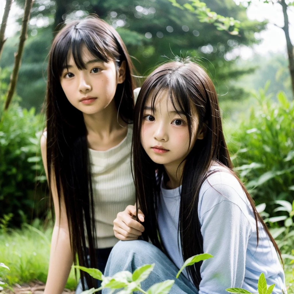 One Girl、(Japanese、10 year old girl、long hair、薄いone piece、)、rain、in the forest