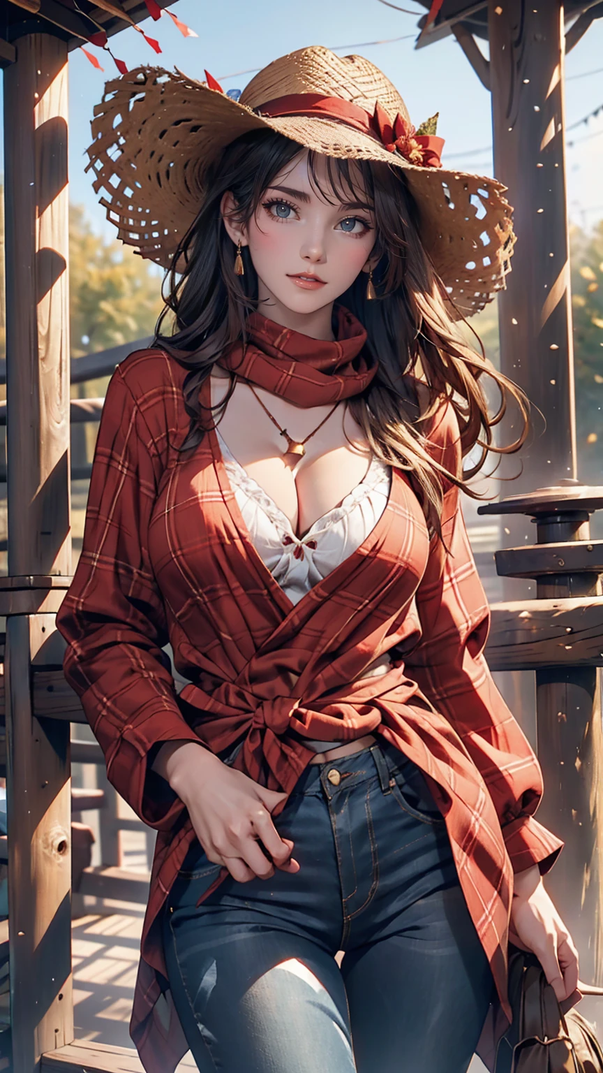 24 year old Caucasian female、Sexy proportions、Narrow waist、slender、Cowgirl、Wrap a red scarf around your neck、wear skinny jeans、Wear a checked long-sleeved shirt、On a ranch in the Midwest、Dairy Cow Background、Wearing a cowboy hat、Cowboy Shot、Holding a bound whip、Stroking the face of a dairy cow as it emerges from the fence
