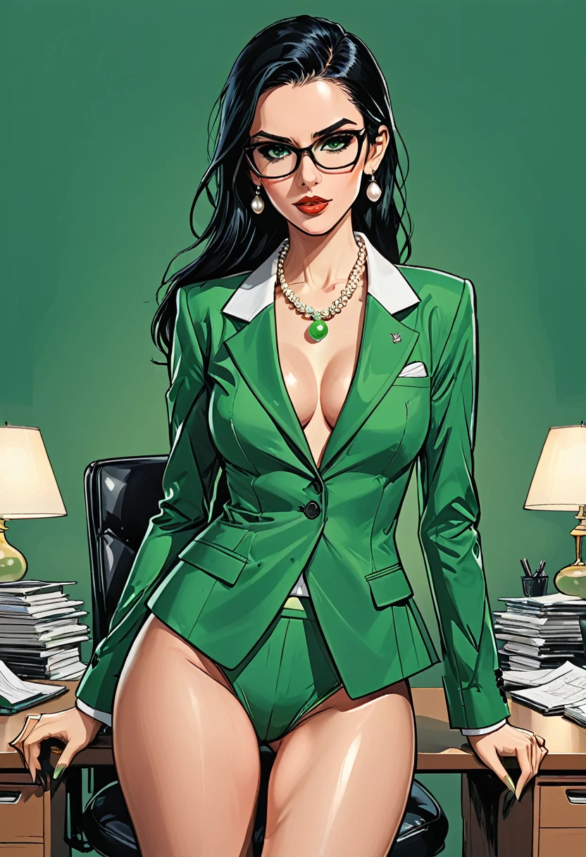 open mouth, serious girl sits in an office chair in black glasses and ((classic green office suit)) and white shirt at dark green office background, girl, adult, [European], Ectomorph elongated body, slim body, skinny, perfect white skin, Long Diamond type Face, Long slim neck, broad shoulders, long slim thin arms, long fingers on the hands, round forehead, Attached Pointed ears,  Long Sleek Straight Ponytail Slicked back black Hair, Hawk long Nose, Upturned Eyes type, Bold Tapered Eyebrows, Angular Narrow Symmetrical Cheekbones, Hollow Cheeks, Square Chin, Square Jawline, Heart Shaped nude Lips, Fine Puppet Wrinkles, (dark green eyes), Cut Crease make up style, Full on Top or Bottom breasts, second breast size, narrow hips, Slim thighs, long slim fitness legs, 
the girl holds a green pearl in her hand, a pearl in her hand,
 
graphic style of novel comics,  2d, 8k, hyperrealism, masterpiece, high resolution, best quality, ultra-detailed, super realistic, Hyperrealistic art, high-quality, ultra high res, highest detailed, lot of details, Extremely high-resolution details, incredibly lifelike, colourful, soft cinematic light,