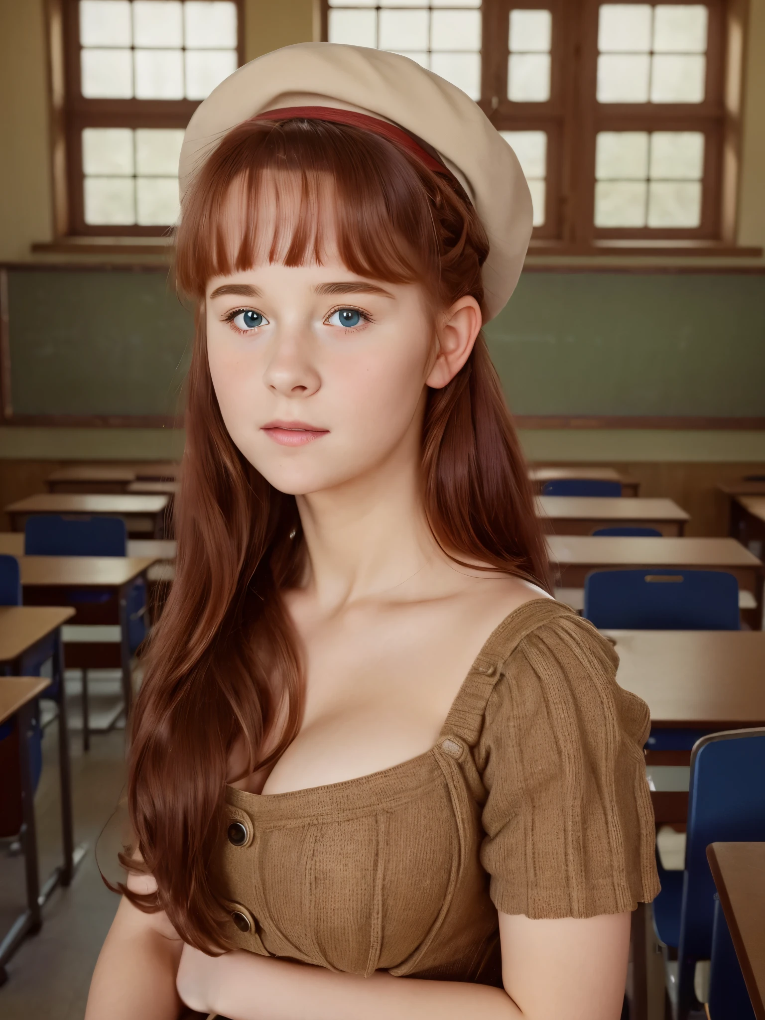 (best quality,4k,8k,highres,masterpiece:1.2),ultra-detailed,(realistic,photorealistic,photo-realistic:1.37), ((mittelalter, classroom, a young girl, she wears dress, solo, shy)), ((very large bust size for her young age)), she wears beret, she wears no bra, braided red hair, pale skin